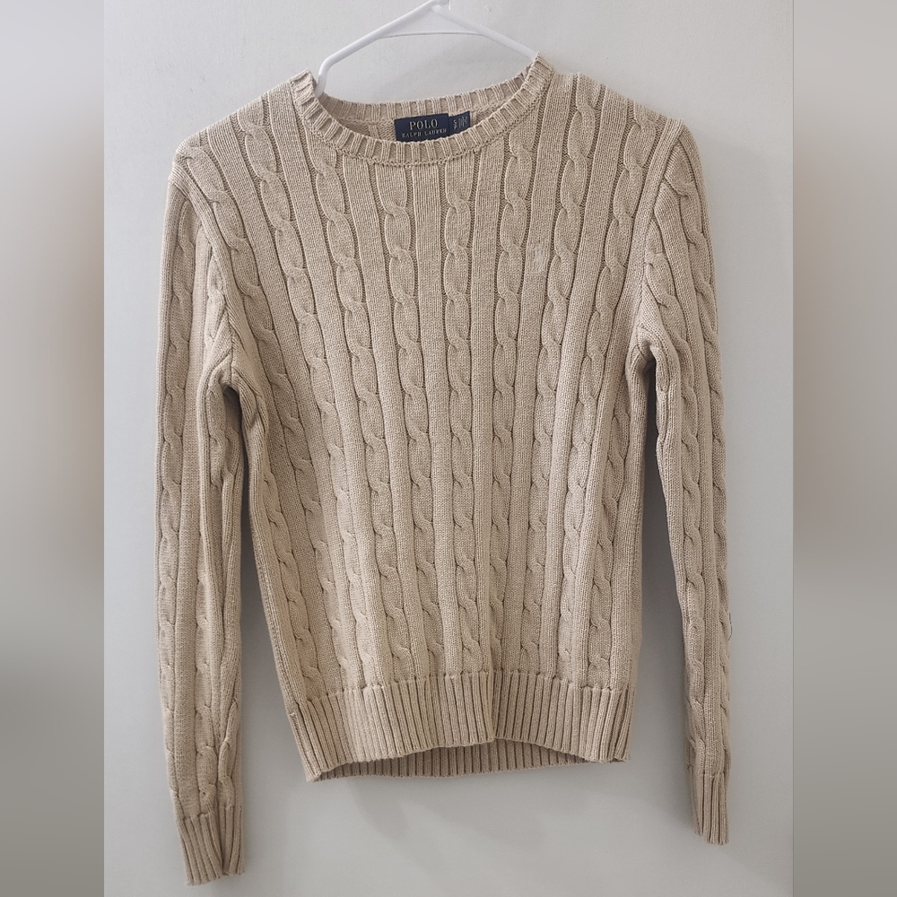 Polo Ralph Lauren Beige Cable-Knit Crewneck Sweater, Size Small Petite.